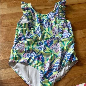 Wonder Nation Kids One Piece Swimsuit - Green, Pink, Blue Leaf Print - XL